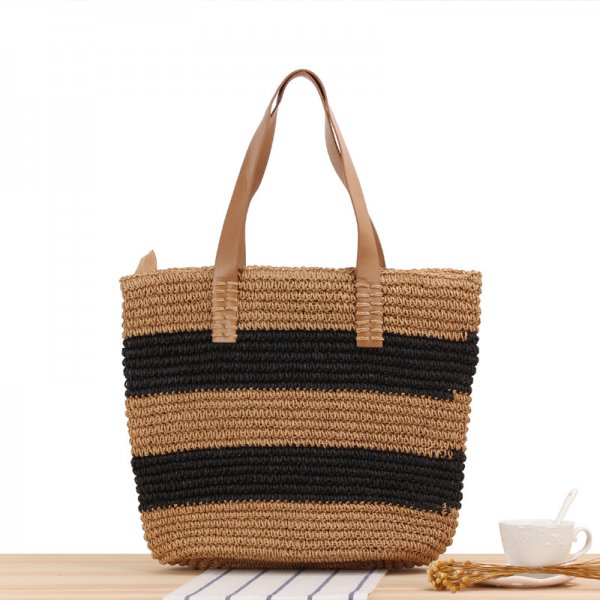 Simple And Generous Striped Woven Bag Shoulder Straw Bag